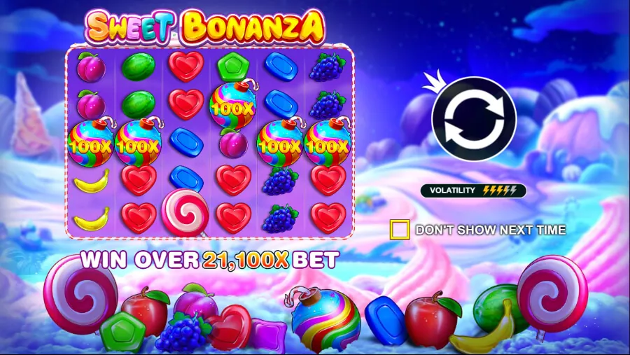 Característica de bombas multiplicadoras de Sweet Bonanza mostrando bombas de dulces arcoíris con varios valores multiplicadores